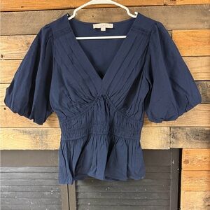 LOFT Deep Blue Blouse with Puff Sleeves
